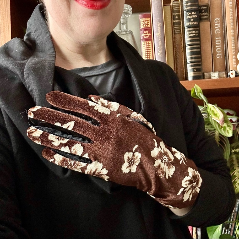 Floral Brown Velour Gloves with cream flowers